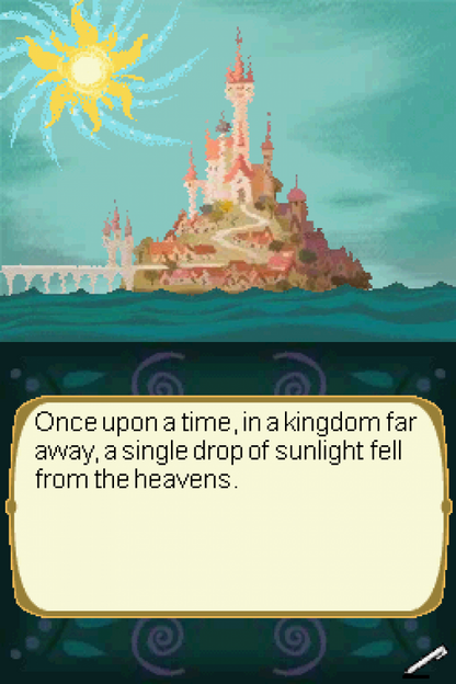 Disney Tangled Nintendo DS gameplay inspired design featuring fairy tale adventure gameplay aesthetic Rapunzel and Flynn Rider journey magical kingdom exploration charming story driven challenges colorful environments family friendly fun and portable handheld gaming presentation