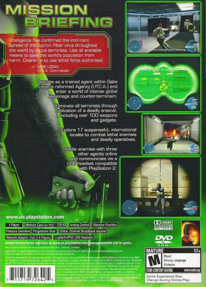Syphon Filter: The Omega Strain – PlayStation 2 (PS2) video game back of case, tactical third-person shooter.