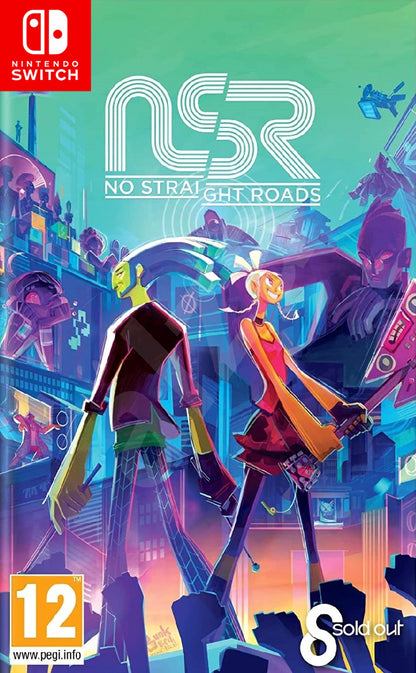 No Straight Roads PAL Nintendo Switch NS for action adventure rhythm video game fans featuring music based combat colorful characters rock versus EDM battles unique boss fights creative gameplay mechanics vibrant environments story driven adventure and PAL import gaming appeal collectible gaming appeal front cover art