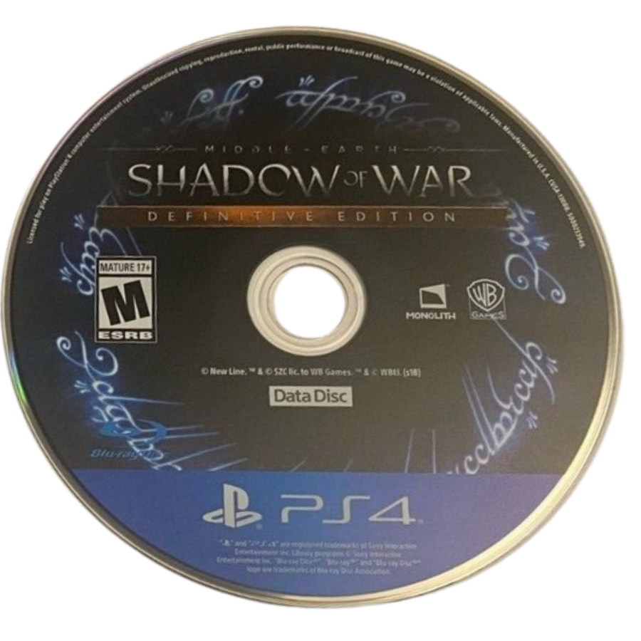 Middle Earth: Shadow of War [Definitive Edition] for PlayStation 4 (PS4) featuring the complete epic open-world saga where you go behind enemy lines to forge an army and conquer Mordor from within; this edition includes all DLC, expanding the revolutionary Nemesis System with new Orc tribes, story campaigns, and regions for the ultimate Middle-earth experience data disc