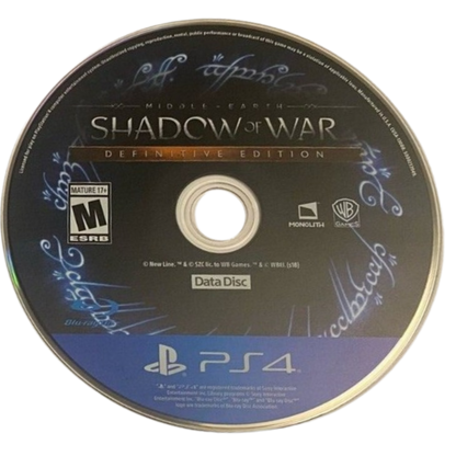 Middle Earth: Shadow of War [Definitive Edition] for PlayStation 4 (PS4) featuring the complete epic open-world saga where you go behind enemy lines to forge an army and conquer Mordor from within; this edition includes all DLC, expanding the revolutionary Nemesis System with new Orc tribes, story campaigns, and regions for the ultimate Middle-earth experience data disc