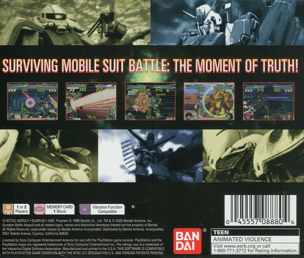 Gundam Battle Assault PS1 PlayStation 1 fighting game mech combat anime robot battles arcade style gameplay retro video game back of case