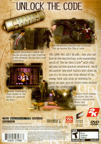 The Da Vinci Code – PlayStation 2 (PS2) video game back of case, action-adventure puzzle.