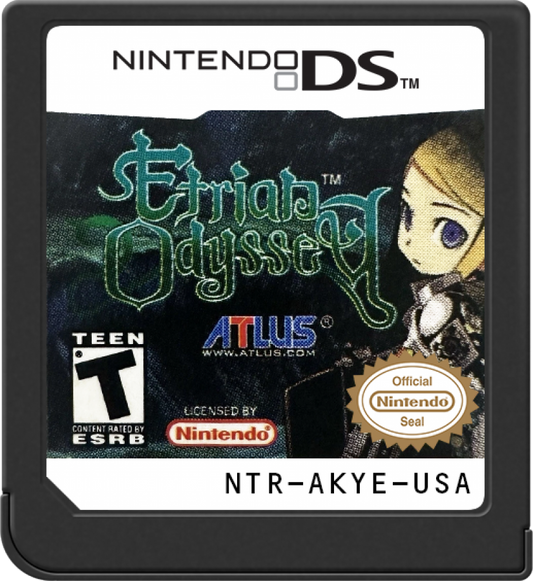 Etrian Odyssey game for the Nintendo DS featuring first person dungeon crawling RPG gameplay with map drawing mechanics party customization and challenging turn based battles in a fantasy labyrinth setting cartridge