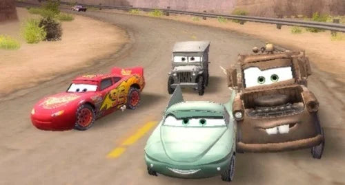 Disney Pixar Cars GameCube inspired design featuring animated racing adventure aesthetic Lightning McQueen Radiator Springs characters fast paced driving gameplay colorful family friendly action movie inspired automotive excitement nostalgic Nintendo presentation gameplay 