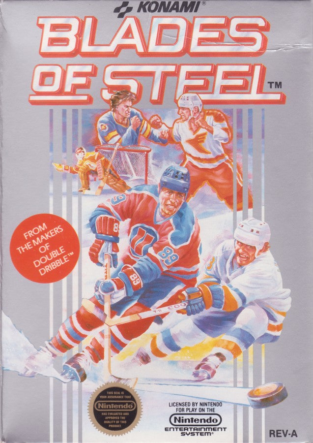 Blades of Steel retro NES video game Blades of Steel hockey sports simulation arcade style gameplay multiplayer competitive action classic console title Nintendo Entertainment System release cover art
