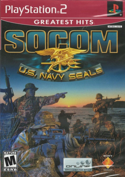 SOCOM: U.S. Navy Seals [Greatest Hits] for PlayStation 2 (PS2) featuring elite tactical squad-based warfare where you lead a four-man team through high-stakes global missions; use stealth, teamwork, and precise strategy to neutralize terrorists in this definitive military shooter that pioneered online play for the PS2 platform front cover