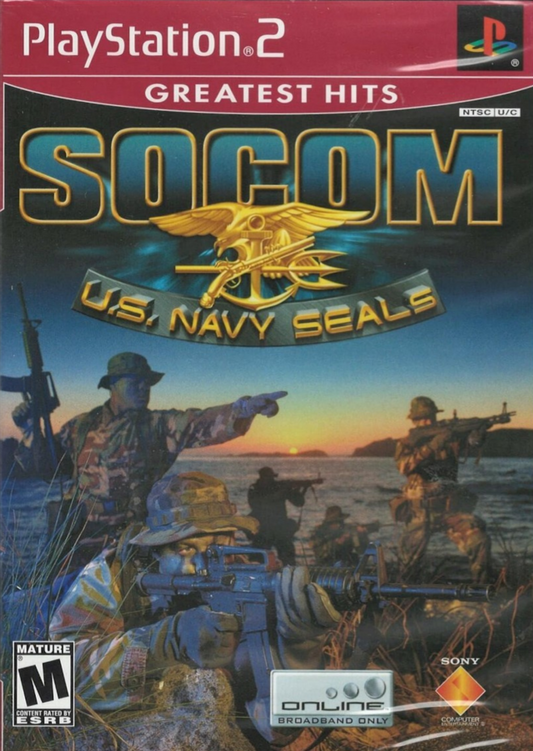 SOCOM: U.S. Navy Seals [Greatest Hits] for PlayStation 2 (PS2) featuring elite tactical squad-based warfare where you lead a four-man team through high-stakes global missions; use stealth, teamwork, and precise strategy to neutralize terrorists in this definitive military shooter that pioneered online play for the PS2 platform front cover