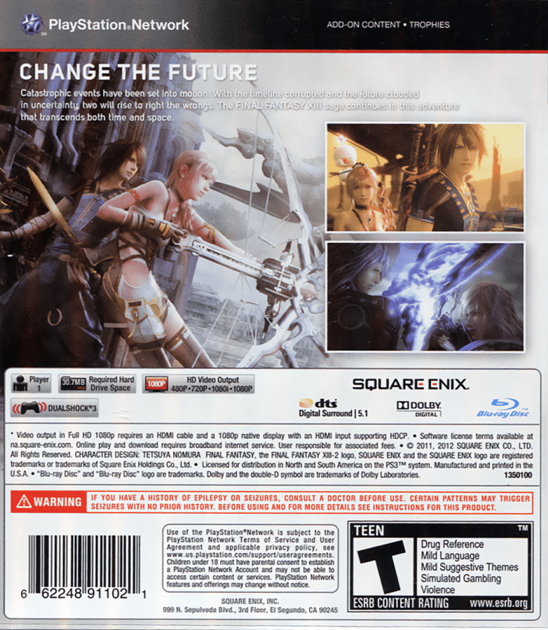 Final Fantasy XIII-2 back cover art for PlayStation 3 (PS3) video game