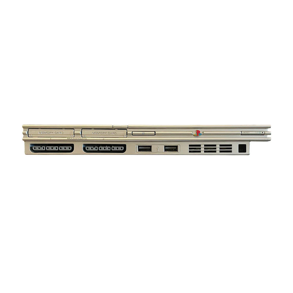 Silver Sony PlayStation 2 Slim console retro gaming system front of system
