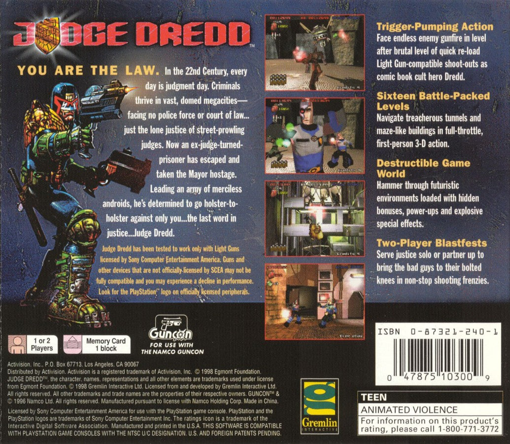 Judge Dredd retro sci-fi action shooter game for PlayStation 1 (PS1) back of case