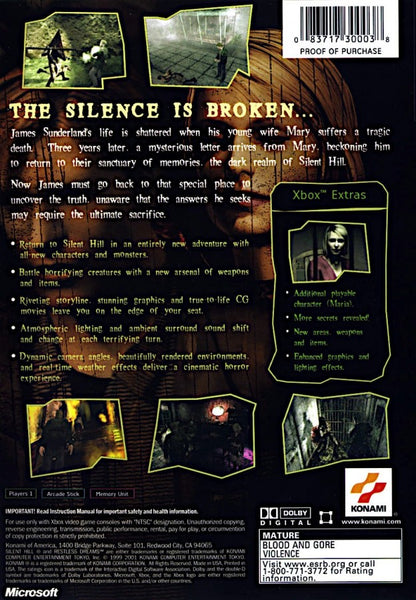 Silent Hill 2 Xbox for retro video game enthusiasts featuring survival horror gameplay psychological storytelling eerie fog filled environments puzzle solving tense exploration disturbing atmosphere and collectible gaming appeal back art
