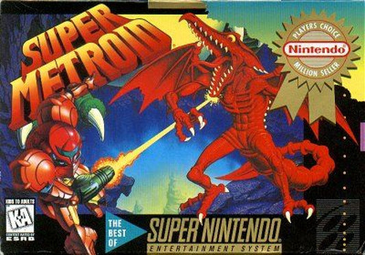 Super Metroid Player’s Choice Super Nintendo SNES video game, action adventure, sci-fi exploration, classic Nintendo title cover art