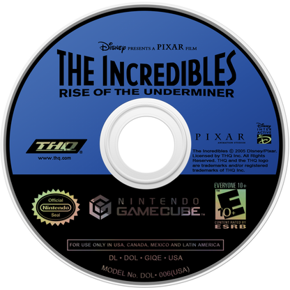 Disc art for The Incredibles Rise of the Underminer GameCube GC video game, action adventure, Pixar movie tie-in, co-op gameplay, family-friendly, Nintendo GameCube title