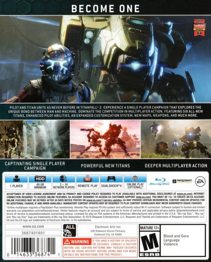 Titanfall 2 – PlayStation 4 (PS4) video game back of case, first-person shooter.