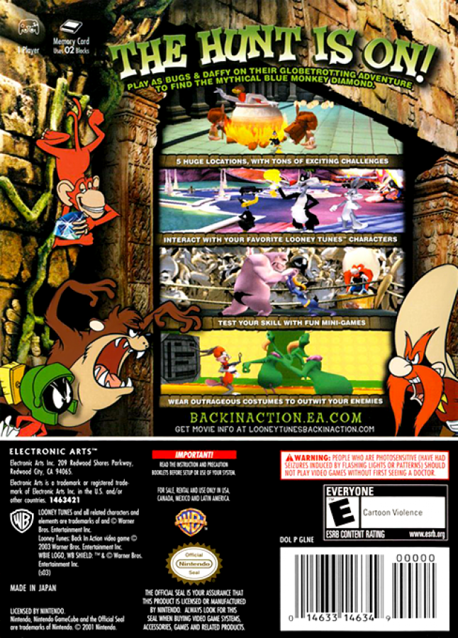 Looney Tunes Back in Action GameCube game featuring cartoon-style action adventure gameplay with classic Looney Tunes characters back cover