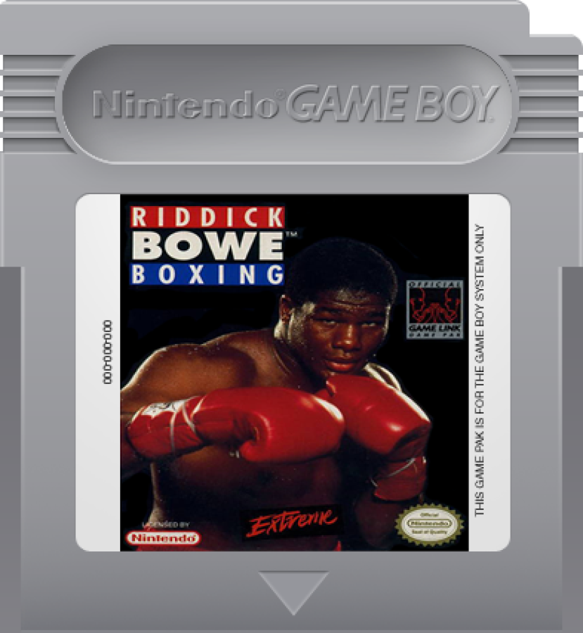Riddick Bowe Boxing Nintendo Game Boy GB video game featuring boxing sports gameplay professional heavyweight boxing matches Riddick Bowe fighter character punch combinations defensive blocking dodging counterattacks knockout challenges championship bouts and classic Nintendo handheld sports gaming retro video game collection collectible gaming appeal game cartridge