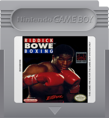 Riddick Bowe Boxing Nintendo Game Boy GB video game featuring boxing sports gameplay professional heavyweight boxing matches Riddick Bowe fighter character punch combinations defensive blocking dodging counterattacks knockout challenges championship bouts and classic Nintendo handheld sports gaming retro video game collection collectible gaming appeal game cartridge