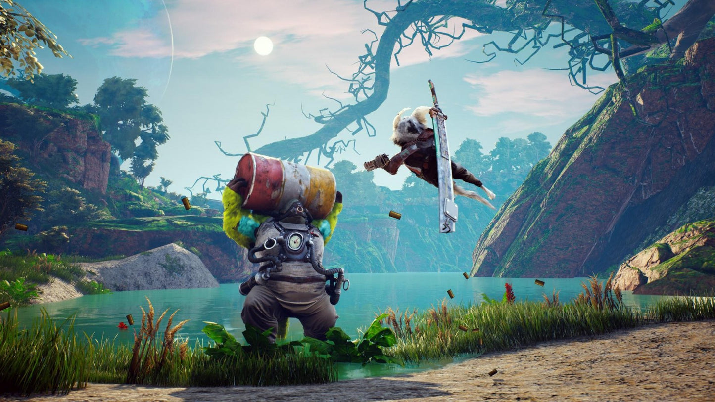 Biomutant Nintendo Switch inspired design featuring open world action role playing adventure aesthetic mutated animal hero martial arts combat customizable weapons post apocalyptic landscapes vibrant exploration and survival gameplay presentation gameplay