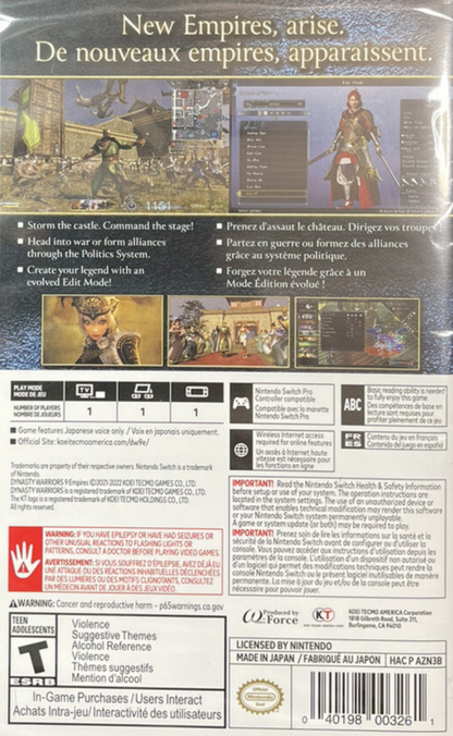 Dynasty Warriors 9 Empires Nintendo Switch for video game enthusiasts featuring action strategy gameplay massive battlefield combat tactical kingdom management character customization epic historical battles and collectible gaming appeal back cover