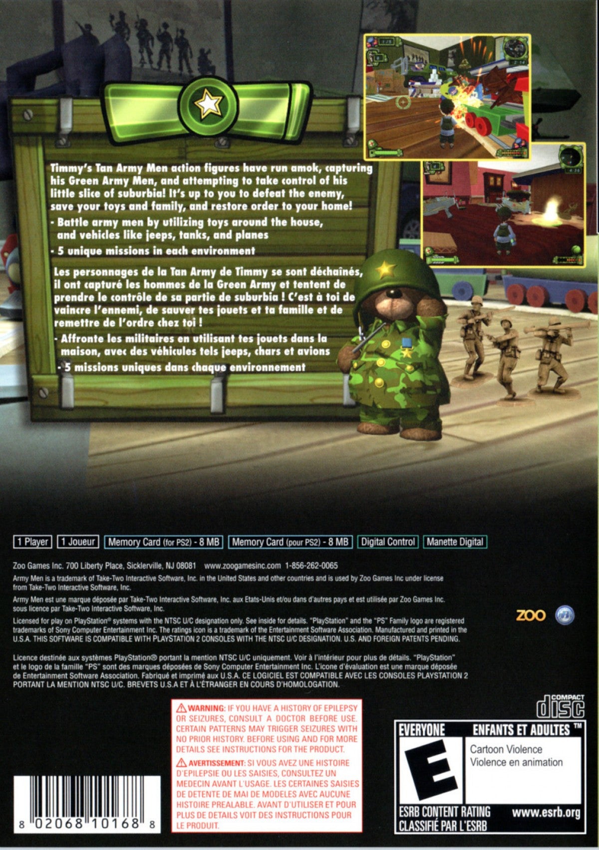 Army Men Soldiers of Misfortune PS2 game for PlayStation 2 featuring toy soldier action adventure gameplay back cover art