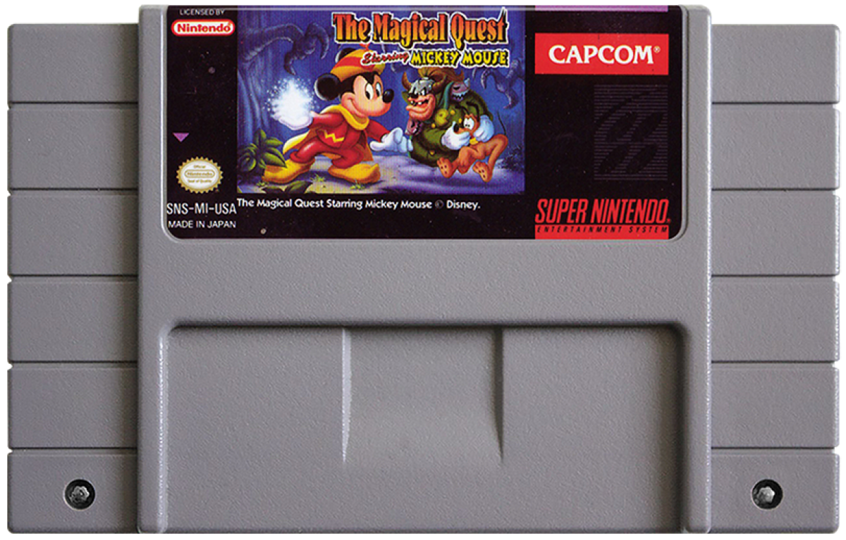 Retro Magical Quest Starring Mickey Mouse SNES inspired design featuring classic Disney platform adventure aesthetic colorful side scrolling gameplay whimsical fantasy worlds charming cartoon visuals Capcom action platformer nostalgic Super Nintendo presentation cartridge