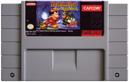 Retro Magical Quest Starring Mickey Mouse SNES inspired design featuring classic Disney platform adventure aesthetic colorful side scrolling gameplay whimsical fantasy worlds charming cartoon visuals Capcom action platformer nostalgic Super Nintendo presentation cartridge