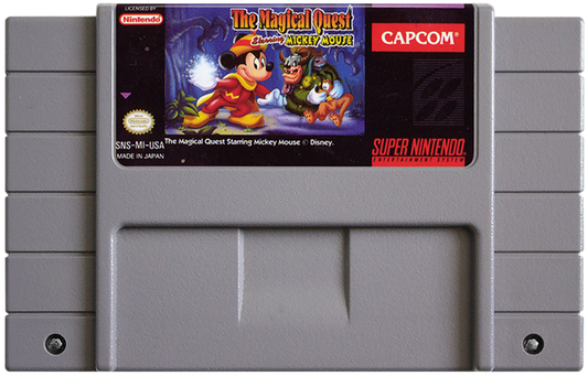 Retro Magical Quest Starring Mickey Mouse SNES inspired design featuring classic Disney platform adventure aesthetic colorful side scrolling gameplay whimsical fantasy worlds charming cartoon visuals Capcom action platformer nostalgic Super Nintendo presentation cartridge