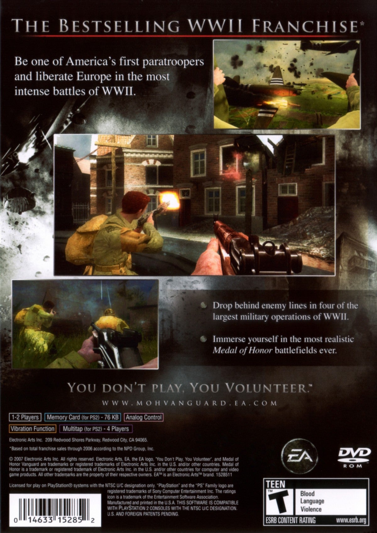 Medal of Honor Vanguard PS2 Sony PlayStation 2 first person shooter WWII military combat airborne paratrooper missions historical war campaign EA shooter gameplay squad based action retro gaming PlayStation 2 software video game title back cover art