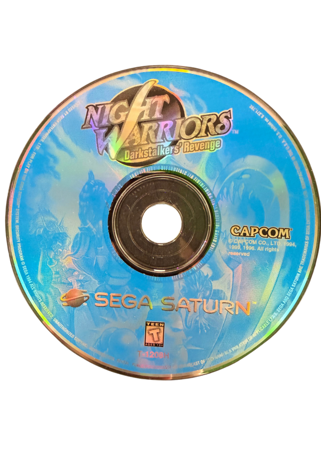 Night Warriors Darkstalkers Revenge Sega Saturn SS for fighting video game fans featuring supernatural characters fast paced arcade combat special moves combo attacks unique fighting styles colorful gothic environments multiplayer battles and classic Capcom arcade gameplay collectible retro Sega Saturn gaming appeal top of disc