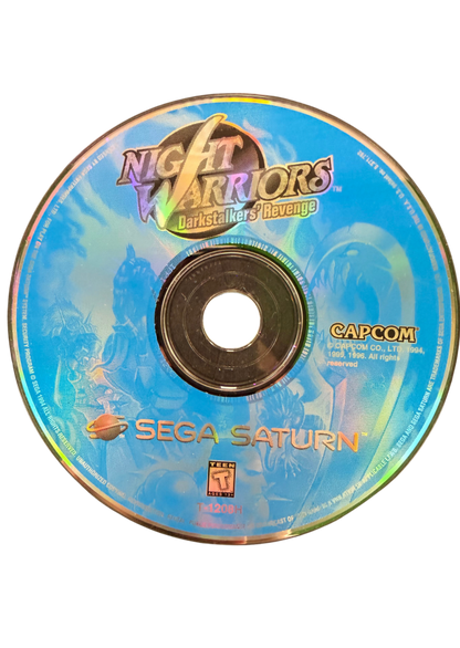 Night Warriors Darkstalkers Revenge Sega Saturn SS for fighting video game fans featuring supernatural characters fast paced arcade combat special moves combo attacks unique fighting styles colorful gothic environments multiplayer battles and classic Capcom arcade gameplay collectible retro Sega Saturn gaming appeal top of disc