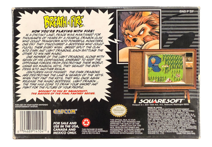 Breath of Fire Super Nintendo Entertainment System SNES retro video game role playing adventure featuring dragon transformations turn based combat fantasy characters exploration magical abilities challenging battles classic 16 bit graphics Super Nintendo gaming experience retro game collection appeal back cover art