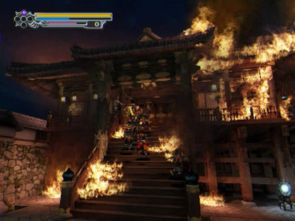 Onimusha 3 Demon Siege for the PlayStation 2 featuring action adventure gameplay with samurai and modern day characters demon slaying combat cinematic storytelling and time travel between feudal Japan and Paris gameplay