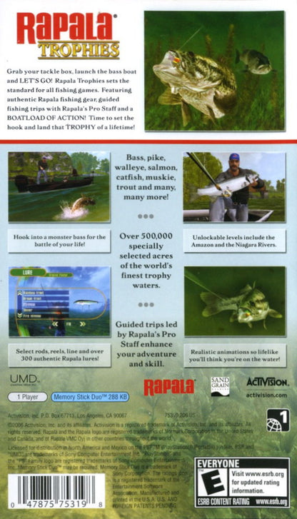 Rapala Trophies PlayStation Portable PSP inspired design featuring realistic fishing simulation aesthetic competitive angling tournaments licensed Rapala gear variety of fish species outdoor lake environments precision casting mechanics and portable sports gameplay presentation back cover