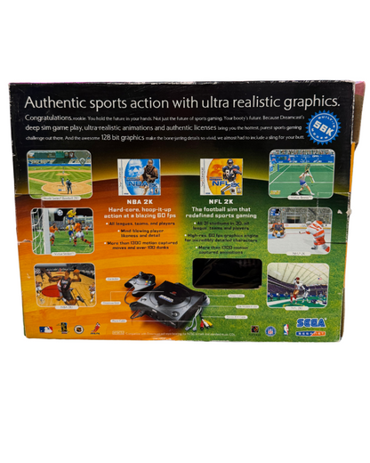 Back of the Sega Sports black Dreamcast box showing game features, screenshots, and system requirements