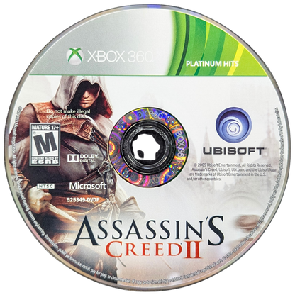 Assassin's Creed II Platinum Hits Xbox 360 open-world action-adventure stealth video game Ubisoft Ezio Auditore Renaissance Italy assassin brotherhood vendetta Florence Venice Monteriggioni exploration parkour climbing tombs codex pages Leonardo da Vinci historical fiction disc