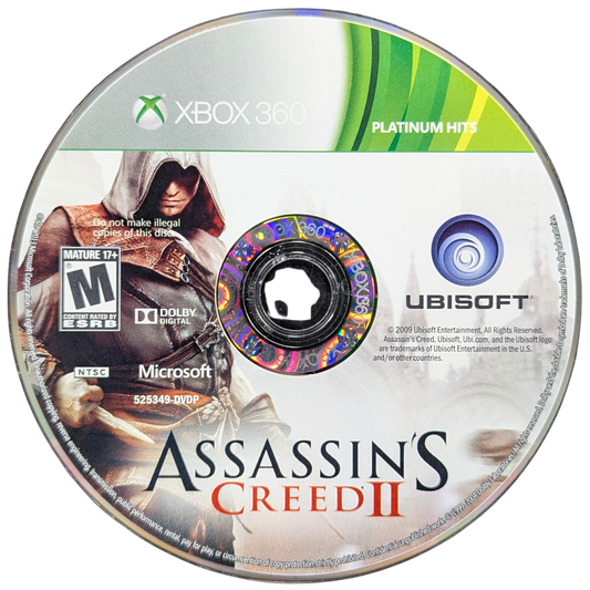 Assassin's Creed II Platinum Hits Xbox 360 open-world action-adventure stealth video game Ubisoft Ezio Auditore Renaissance Italy assassin brotherhood vendetta Florence Venice Monteriggioni exploration parkour climbing tombs codex pages Leonardo da Vinci historical fiction disc