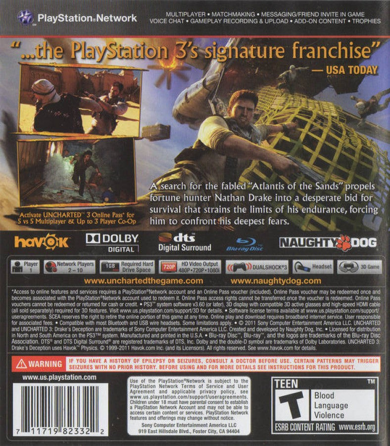 Uncharted 3: Drake's Deception back cover art for PlayStation 3 (PS3) video game 