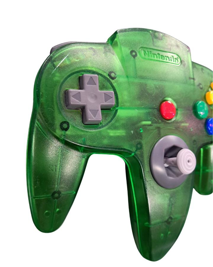 Nintendo 64 Controller Jungle Green official Nintendo OEM N64 controller in jungle green translucent color featuring analog stick three prong design and rumble pack compatible accessory close