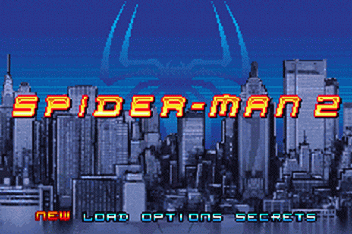 Spider-Man 2 for Game Boy Advance (GBA), title screen for a retro video game featuring action-adventure gameplay, side-scrolling combat, web-slinging abilities, mission-based challenges, and superhero-themed exploration