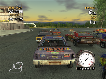 FlatOut Microsoft Xbox Original Xbox video game featuring high speed racing gameplay destructive vehicle crashes demolition derby events stunt challenges realistic driving physics competitive racing and intense vehicular action retro video game collection collectible gaming appeal gameplay