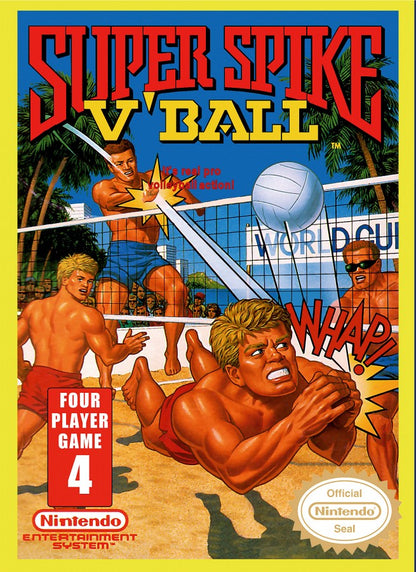 Super Spike V'Ball Nintendo Entertainment System NES for sports volleyball video game fans featuring fast paced beach volleyball matches arcade style gameplay single player and multiplayer modes tournament competition power shots classic Nintendo entertainment retro gaming collectible gaming appeal front cover art