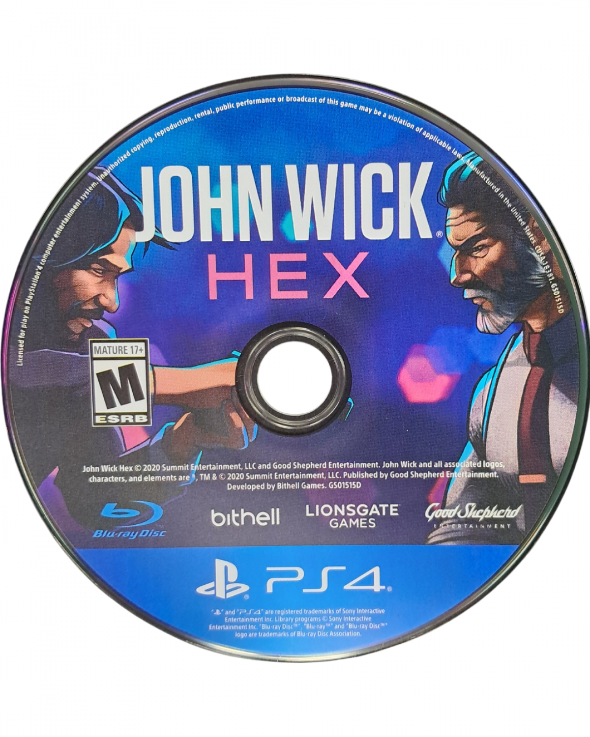 Retro John Wick Hex PS4 inspired design featuring tactical action strategy aesthetic neon noir assassin gameplay stylized gun fu combat cinematic hitman missions fast paced turn based combat inspired by the iconic action thriller franchise disc