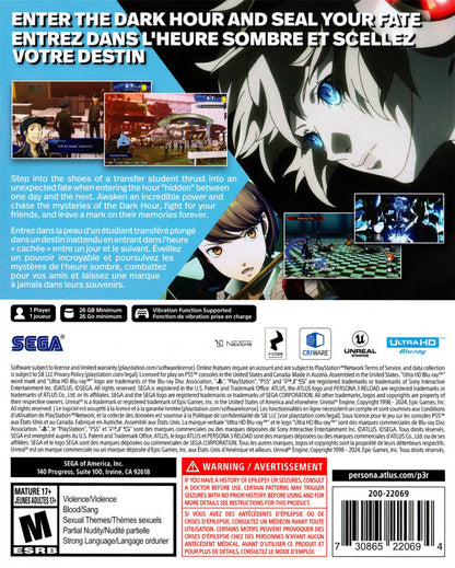 Persona 3 Reload PS5 game featuring turn-based JRPG combat, deep social simulation, and immersive storytelling with enhanced graphics on PlayStation 5  back cover