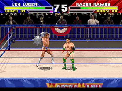WWF WrestleMania The Arcade Game for Super Nintendo arcade style wrestling fighting game featuring WWF superstars exaggerated moves combos and versus battles gameplay