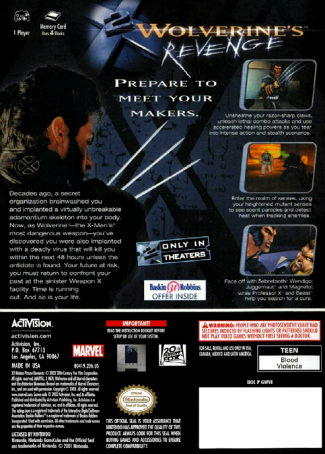 X-2 Wolverine;s Revenge back  cover art for Nintendo GameCube (GC) video game. 