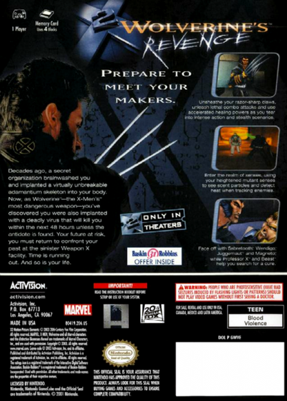 X-2 Wolverine;s Revenge back  cover art for Nintendo GameCube (GC) video game. 