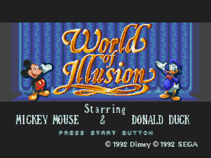World of Illusion Starring Mickey Mouse and Donald Duck Sega Genesis retro video game platformer title screen (1992)