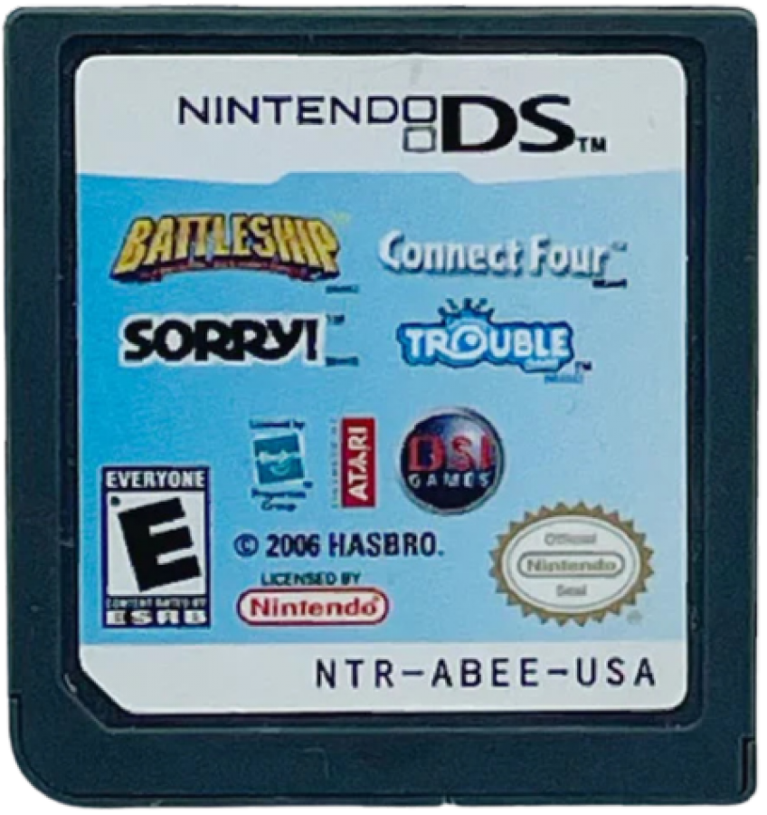 Battleship / Connect Four / Sorry / Trouble for Nintendo DS (DS), cartridge for a retro video game featuring classic board game adaptations, strategy gameplay, multiplayer modes, puzzle challenges, and family-friendly competitive fun