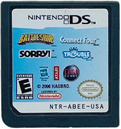 Battleship / Connect Four / Sorry / Trouble for Nintendo DS (DS), cartridge for a retro video game featuring classic board game adaptations, strategy gameplay, multiplayer modes, puzzle challenges, and family-friendly competitive fun